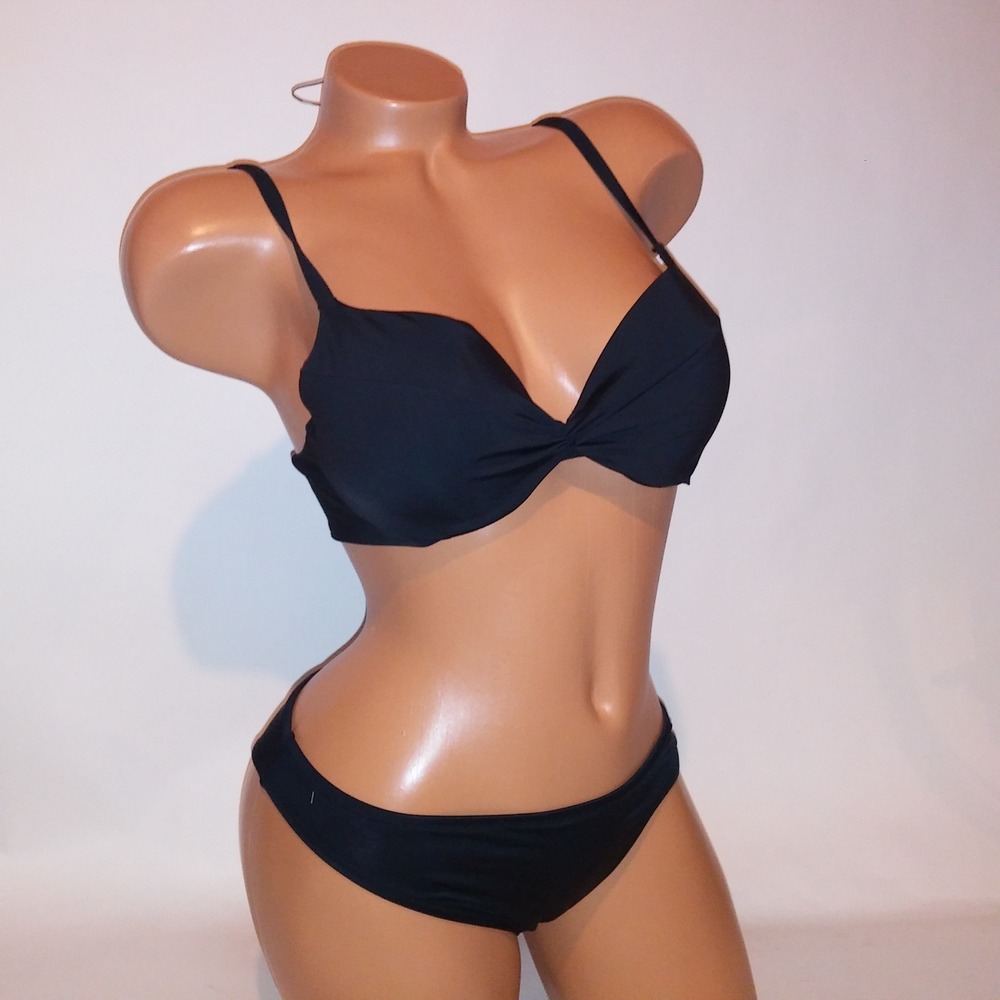 Victoria Secret Swim Bikini 36B Top Medium Bottom Push Up Black Scrunch Butt